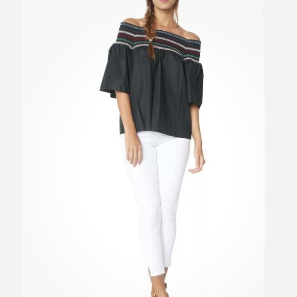 Anthropologie PARKER Off the Shoulder Poplin Embroidered 3/4 Sleeve Yasmin Top M - Picture 7 of 7